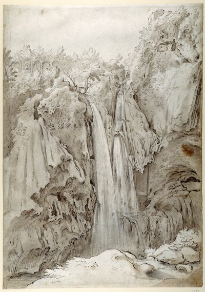 Rocks and falls of the Aniene at Tivoli (penn og brunt blekk med brun vask på hvitt papir) av Sebastian Vrancx