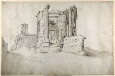 Ruinene av Temple of the Tiburtine Sibyl i Tivoli (penn og brunt blekk med gråbrun vask på hvitt papir) av Sebastian Vrancx