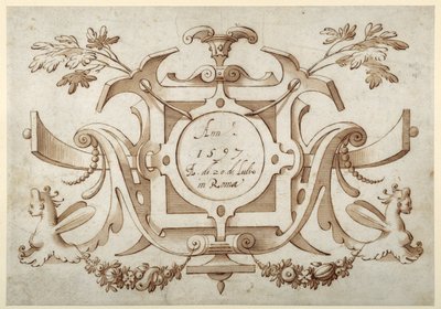 Strapwork cartouche assosiert med settet med Roman Views (penn og brunt blekk med brun vask på papir) av Sebastian Vrancx