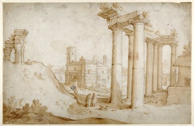 Forum Romanum med Titus- og Vespasian-tempelet, Saturn-tempelet og Septimius Severus-buen (Penn og brunt blekk med brun vask, på papir) av Sebastian Vrancx