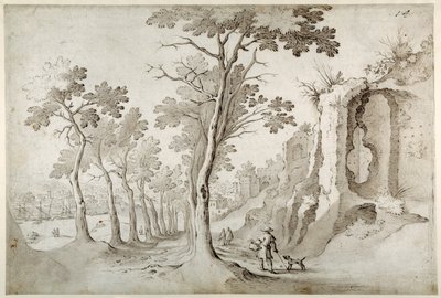 Utsikt over Porta Ripa fra en aveny med tre blant ruiner på Aventine ser ned på S. Maria dell