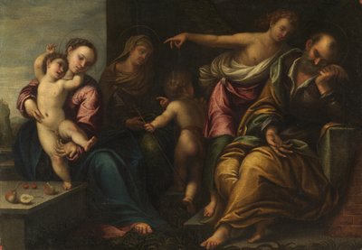 Jomfru og barn med spedbarnet Saint John, Saint Elizabeth og kunngjøringen til Joseph, ca. 1540 av Sebastiano Florigerio