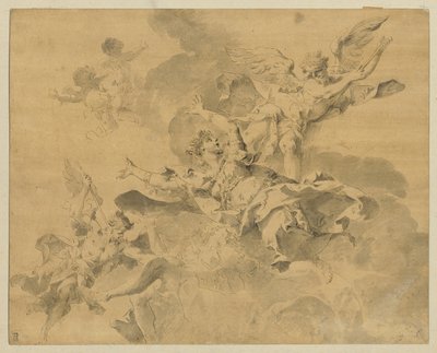 En dronning sendt til helvete av hevnende engler, ca. 1676-1746 (penn, blekk og vask på papir) av Sebastiano Galeotti