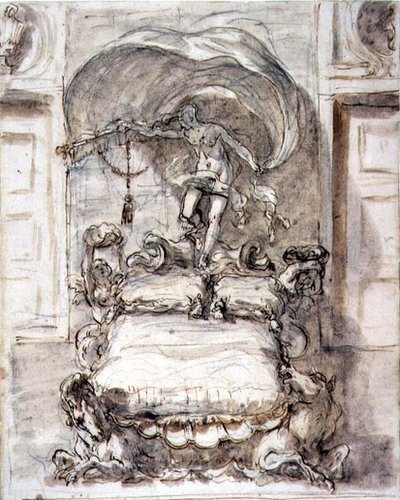 Seng med sjøhester og Fortune (brunt blekk og vask over kritt) av Sebastiano Ricci