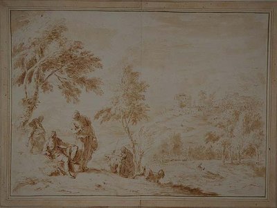 Omfattende pastoralt landskap med Hill-town, ca. 1720 (brunt blekk og vask) av Sebastiano Ricci