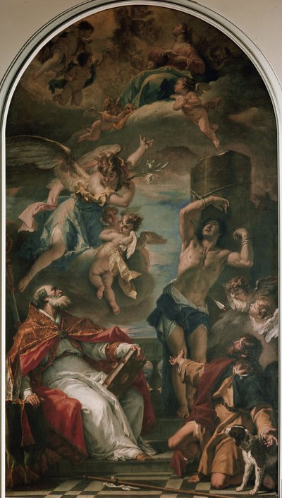 Jomfruen i herlighet med erkeengelen Gabriel, St Eusebius, St Sebastian og St Roch (olje på lerret av Sebastiano Ricci