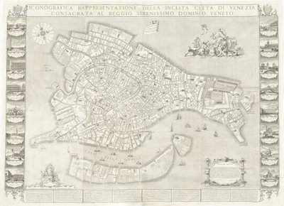 Ikonografisk representasjon av den illustrerte byen Venezia av Sebastiano Ricci, Lodovico Ughi, Giovanni Antonio Faldoni for the map, with Francesco Zucchi