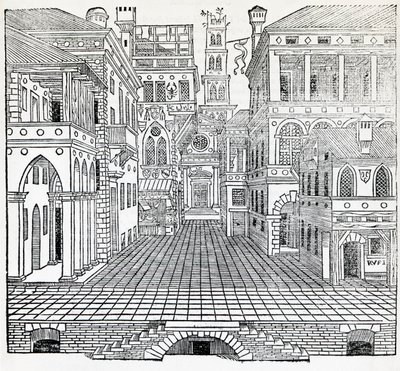 Magisk scene, teatralsk scenedesign av Sebastiano Serlio (1475-1554), illustrasjon fra Treatise on Architecture, bok II av Sebastiano Serlio