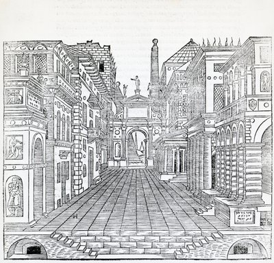 Magisk scene, teatralsk scenedesign av Sebastiano Serlio (1475-1554), illustrasjon fra Treatise on Architecture, bok II av Sebastiano Serlio