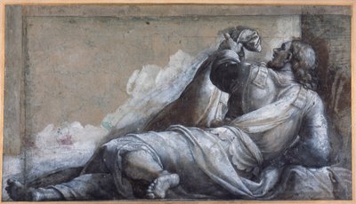 En liggende apostel (svart kritt med brun vask på carta azzurra) av Sebastiano del (c.1485 1547) Piombo