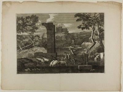 Landskap med en hyrde og flokken hans av Sébastien Bourdon