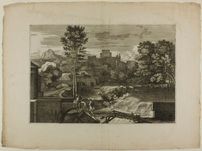 Foss ved en steinbro, med slott i det fjerne av Sébastien Bourdon