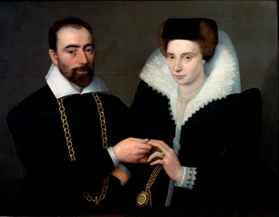 Portrett av et par Begge er iført svart, kvinnen bærer guipurekrage. Maleri av skolen i Fontainebleau av Second School of Fontainebleau
