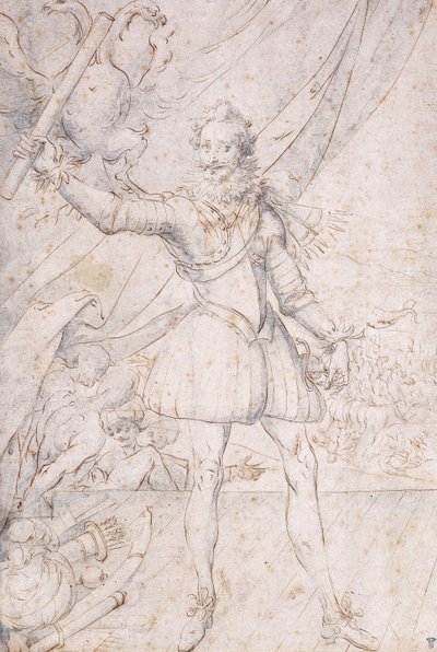 Kong Henry IV, i full lengde, et trofé av de osmanske armene ved hans føtter, løfter en rulle foran en ørn (svart kritt, penn og brunt blekk med blå vask) av Second School of Fountainebleau