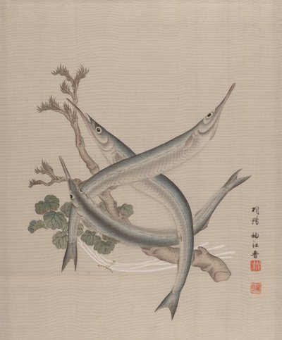 Tre fisker og en gren, ca. 1890-92. av Seki Shuko