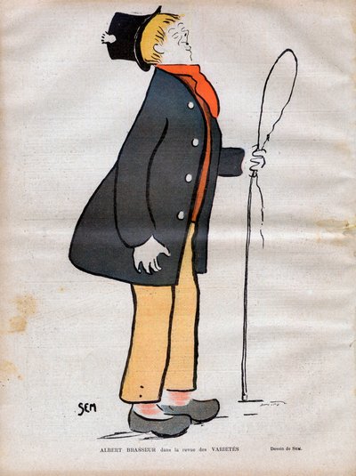 Albert Jules Dumont (1862-1932) dette Albert Brasseur, skuespiller for boulevardteater og operette i journalen Varietes - Caricature av SEM (Georges Goursat) (1863-1934) i "" Le rire de 1902 - av Sem