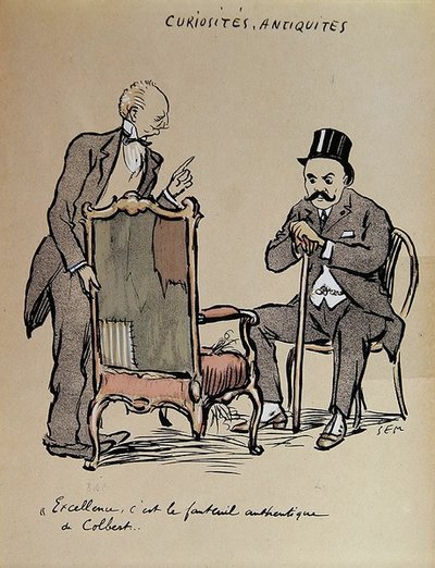 Rich Art Collector inspiserer en stol som angivelig eies av Colbert. ca. 1919 (farge litho) av Sem