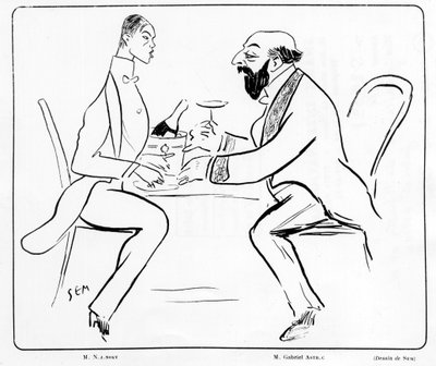 Tegneserie av Nijuisky og Gabriel Astri på kafé, tegning av Sem (1863 - 1934). av Sem