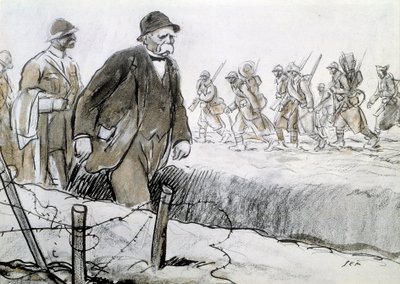 Første verdenskrig: Portrett av Clemenceau (1841-1929) i et hylse på besøk ved fronten. Tegning av Georges Goursat dit Sem (1863-1934) av Sem
