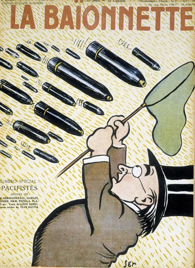 Mann som prøver å fange skjell med et sommerfuglnett - av Sem (1863 - 1934), i "" La Bayonet: les pacifistes"" av 03.08.1916. av Sem