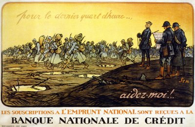 Plakat for landslånet “” Det siste kvarteret.. hjelp meg! National Loan-abonnement mottas av National Credit Bank»: General Ferdinand Foch (1851 - 1929) ser på troppene sine som marsjerer gjennom slagmarken. Av Sem av Sem