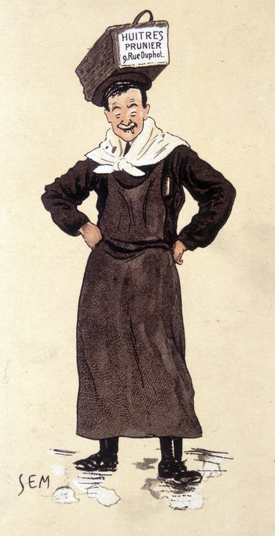 Selger av østers fra butikken Prunier. Kromolitografi signert SEM (1863 - 1934). av Sem