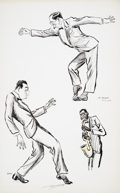 To herrer i svart slips fremfører La Danse Havas til saksofon, fra White Bottoms, pub. 1927 (fargeblokktrykk), fra White Bottoms, pub. 1927 (fargeblokktrykk) av Sem