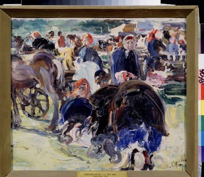 En rettferdig (A Fair). Provinsiell markedsplass med bondekvinner og handelsmenn. Maleri av Semyon Gavrilovich Nikiforov (1877-1912), olje på lerret av Semen Gavriilovich Nikiforov