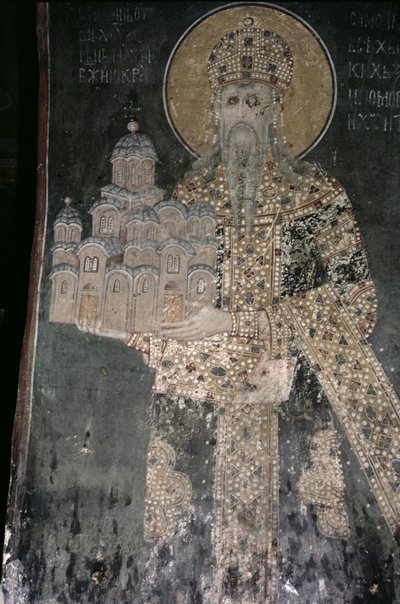 Kong Stephen Uros II Milutin (r.1282-1321) med en modell av kirken, 1311-21 av Serbian School