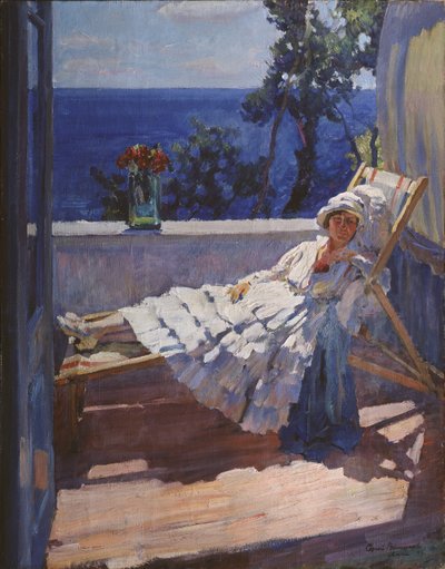 En dame på balkongen, 1916 av Sergei Arsenevich Vinogradov