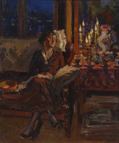 Dame med bok i et interiør, 1917 av Sergei Arsenevich Vinogradov