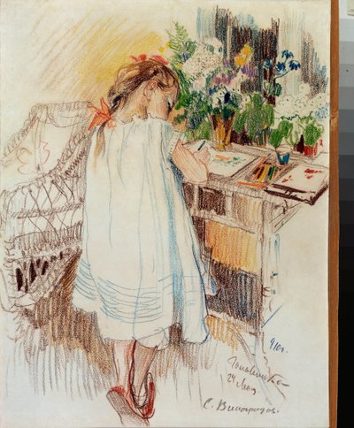 Une petite (A Little One) - Oeuvre de Sergei Arsenyevich Vinogradov (1869-1938), crayon de couleur sur papier   1325051   no       norwegian Successfully Translated  Original: Blumenstillleben mit Weintrauben, Kürbis und Granatäpfeln Translat: Blumenstilll av Sergei Arsenevich Vinogradov