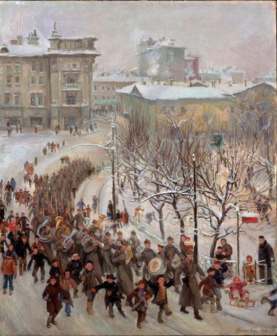 Den røde hærs menn. Parade av Sovjetunionens tropper i gatene i en snødekt by under andre verdenskrig (1939-1945), innledet av marsjerende band og akkompagnert av glade barn. Maleri av Sergei Ivanovich av Sergei Ivanovich Markin