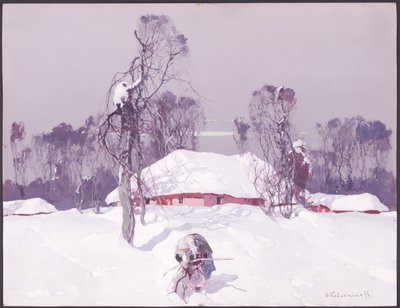 Gammel dame som samler ved i snøen av Sergei Kolesnikoff