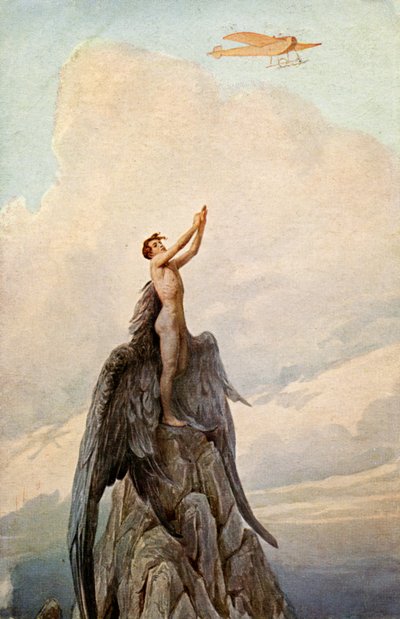 Transportere. Luftfart. Drømmen om Ikaros. Icarus og fly. Illustrasjon av J. Solomko, Ungarn, ca. 1916. (postkort) av Sergei Sergeevich Solomko