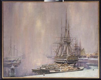Kronstadt om vinteren (Havnen ved Østersjøen i Peter den stores tid (1672-1725) - Kronstadt om vinteren - Maleri av Sergei Varlenovich Pen (født i 1952), olje på lerret av Sergei Varlenovich Pen