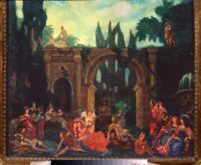 Forberedende dekor for stykket ""Le Decameron"" av Giovanni Boccaccio (Jean Boccace av Sergei Yurevich Sudeikin