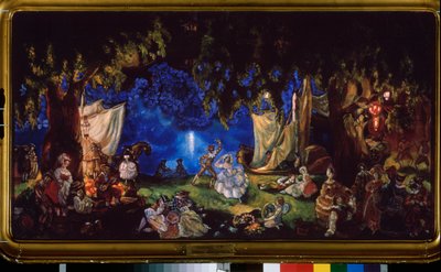 Resten av skuespillerne. (En omreisende teatertrupp, hvis medlemmer danser, spiller musikk eller slapper av i en skogsglede, ved månens lys). Maleri av Sergei Yurievich Sudeykin (Serge Soudeikine) (1882-1946), olje på lerret av Sergei Yurevich Sudeikin