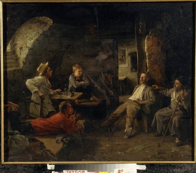 The Night Asylum (Dosshouse). Samtale mellom beboerne på tilfluktsrommet. Maleri av Sergey Ivanovich Krivolutsky (1869-1922), olje på lerret av Sergey Ivanovich Krivolutsky