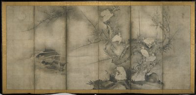 Willow, Egrets in Plomme and Willow, Seks-panels foldeskjerm (blekk på papir) av Sesson Shkei