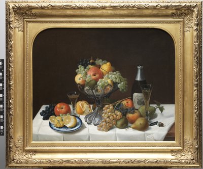 Fruktstilleben med champagneflaske av Severin Roesen