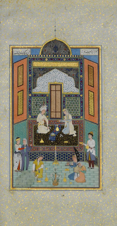 Bahram Gur i Det hvite palass på fredag, Folio 235 fra en Khamsa..., A.H. 931A.D. 1524-25 av Shaikh Zada
