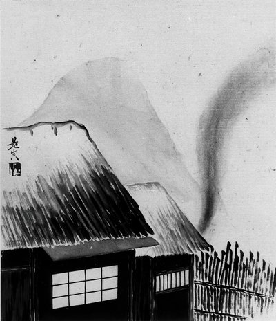 Hytte og fjell, 1800-tallet. av Shibata Zeshin
