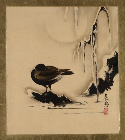 Lakkmalerier av forskjellige emner: Fugl og pil i snø, 1882. av Shibata Zeshin