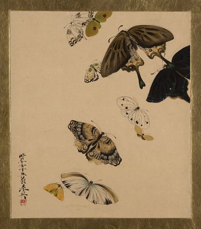 Lakkmalerier av forskjellige emner: Sommerfugler, datert 1881. av Shibata Zeshin