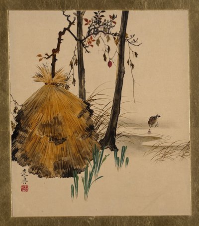 Lakkmalerier av forskjellige emner: Snow Shelter for a Tree with Sparrow, 1882. av Shibata Zeshin
