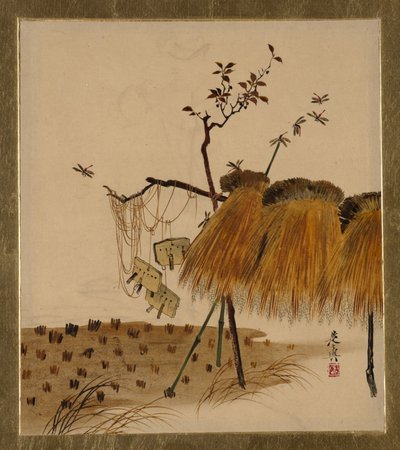 Lakkmalerier av forskjellige emner: Stack of Rice and Dragonflies, 1882. av Shibata Zeshin
