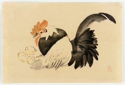 Hane, høne og kyllinger, Meiji-epoken, 1870-79 (treblokktrykk i farger) av Shibata Zeshin