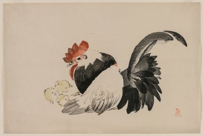 Hane, høne og kyllinger, ca. 1880-tallet. av Shibata Zeshin