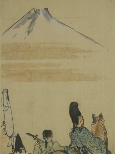 Reisende i nærheten av Fujiyama-fjellet, ca. 1872 (blekk og wc på papir) av Shibata Zeshin